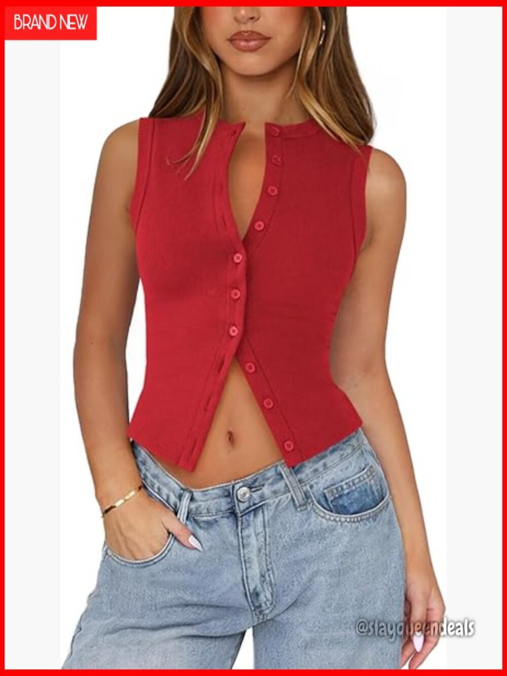 Slim Fit Ribbed Knit Crop Tank Top Button Front Crewneck Vest